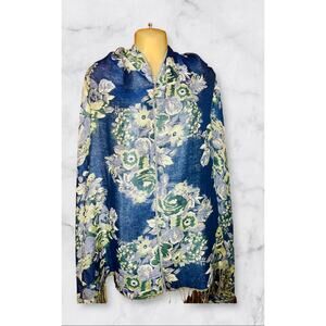 Reversible Jacquard Pashmina in Blue, Green, Yellow 66” x 27”